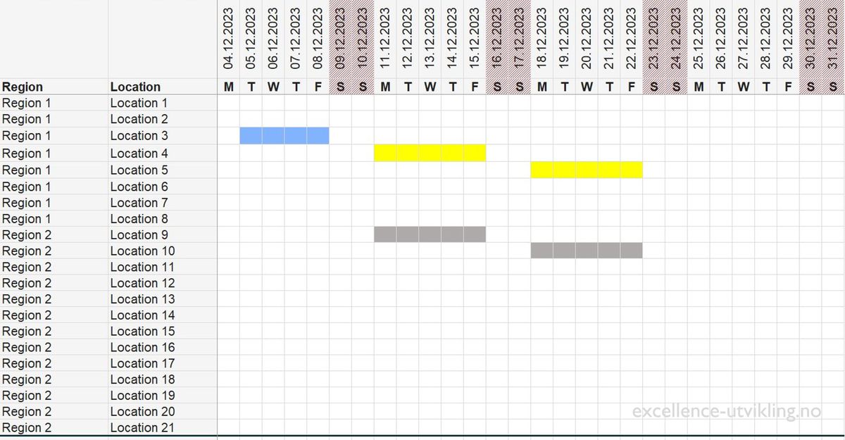 A ressource planing calender in Excel set up using conditional formatting