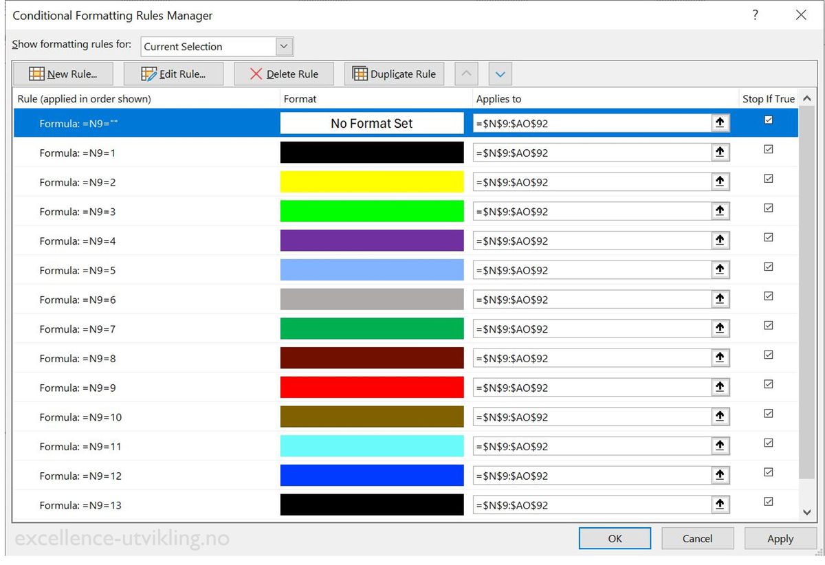 Illustration of an extra rule in the conditional formatting manager with no formatting and the stop-if-true checked.