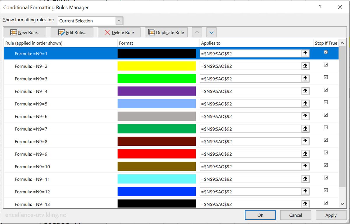 Necessary list of conditional formatting rules for 13 resources in the resource planing tool calender