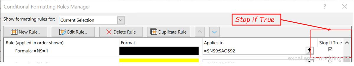 The stop-if-true setting in the conditional formatting manager