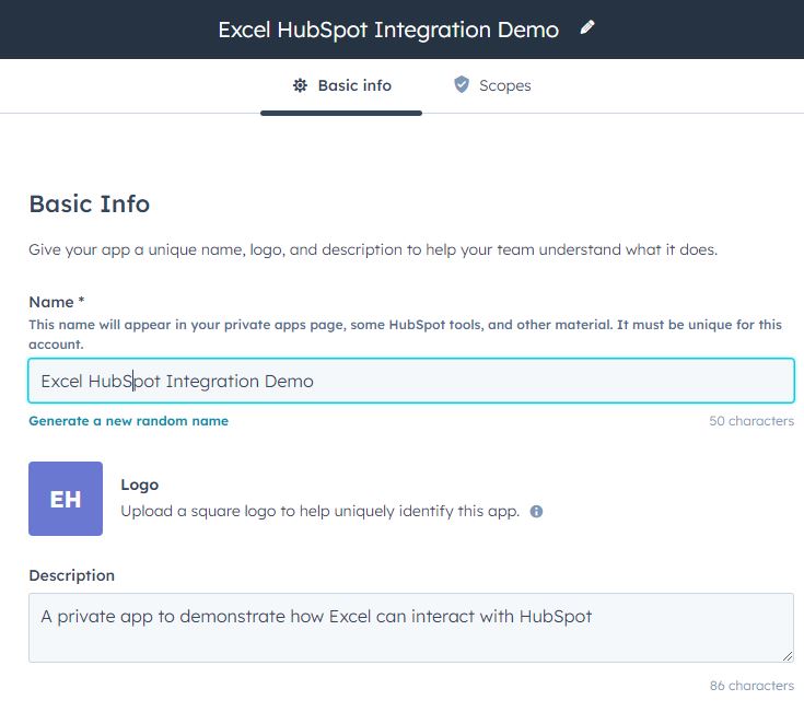 Set basic info about your private app in HubSpot. Name, Logo and Description.