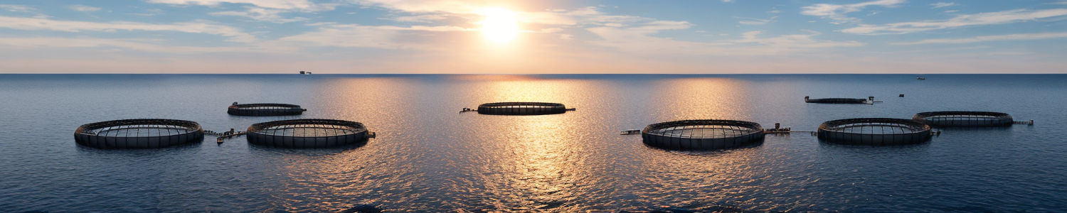 Fish farms in the open sea during sunrise