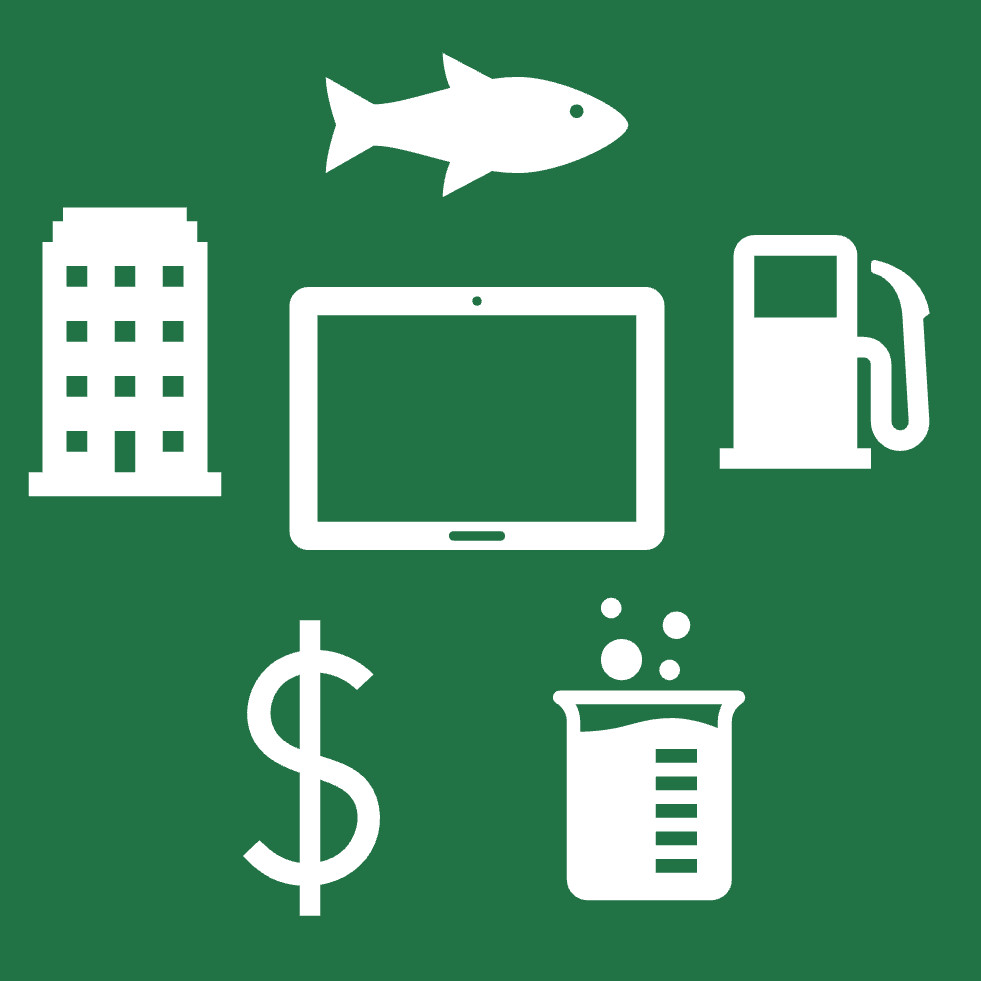 Illustration of industries we have worked with in Excel like aquaculture, finance, real estate, science, chemistry