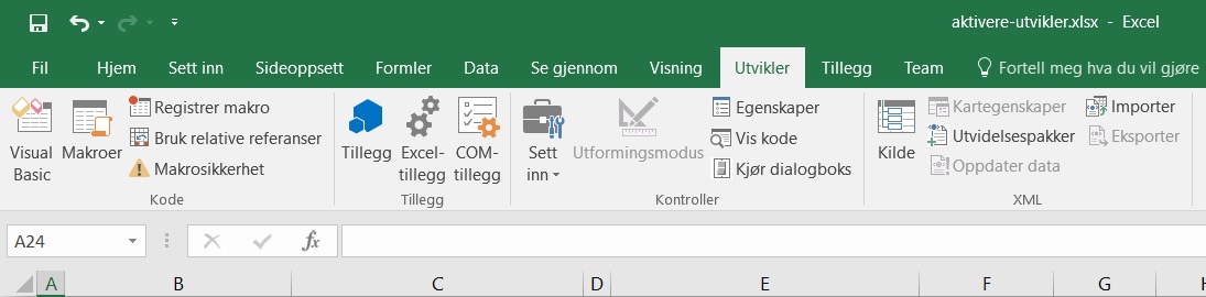 Excel bå det med utvikler fane