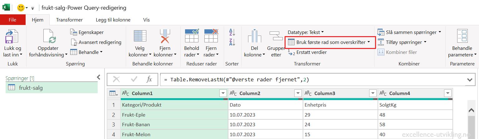 Promotere overskriftene fra data til Power Query kolonnetitel