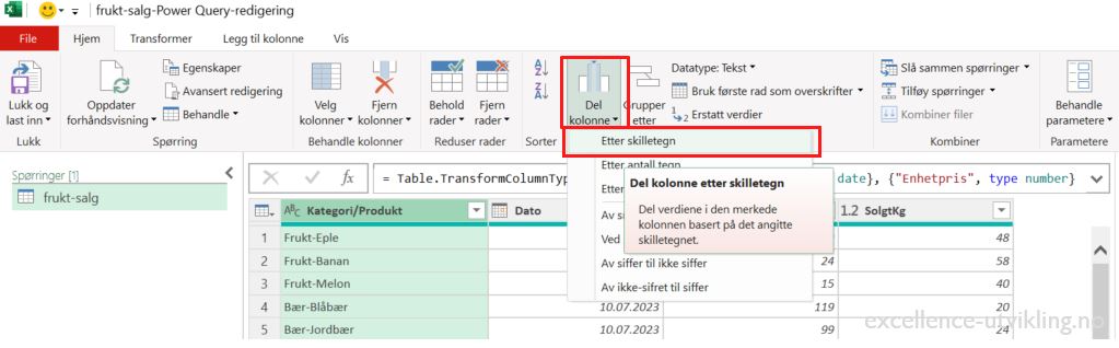 Del kolonne i to i Power Query