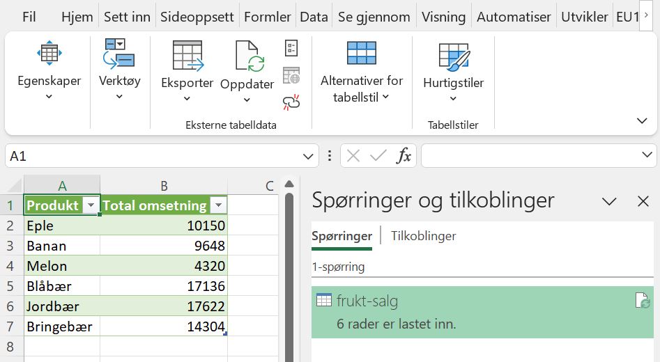 Dataene er ferdig lastet inn til en formatert Excel tabell og synlig under Spørringer i Excel