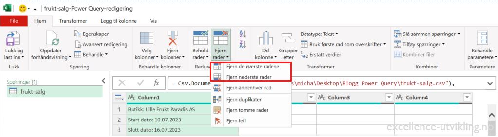 Fjerning av øverste og nederste rader i Power Query