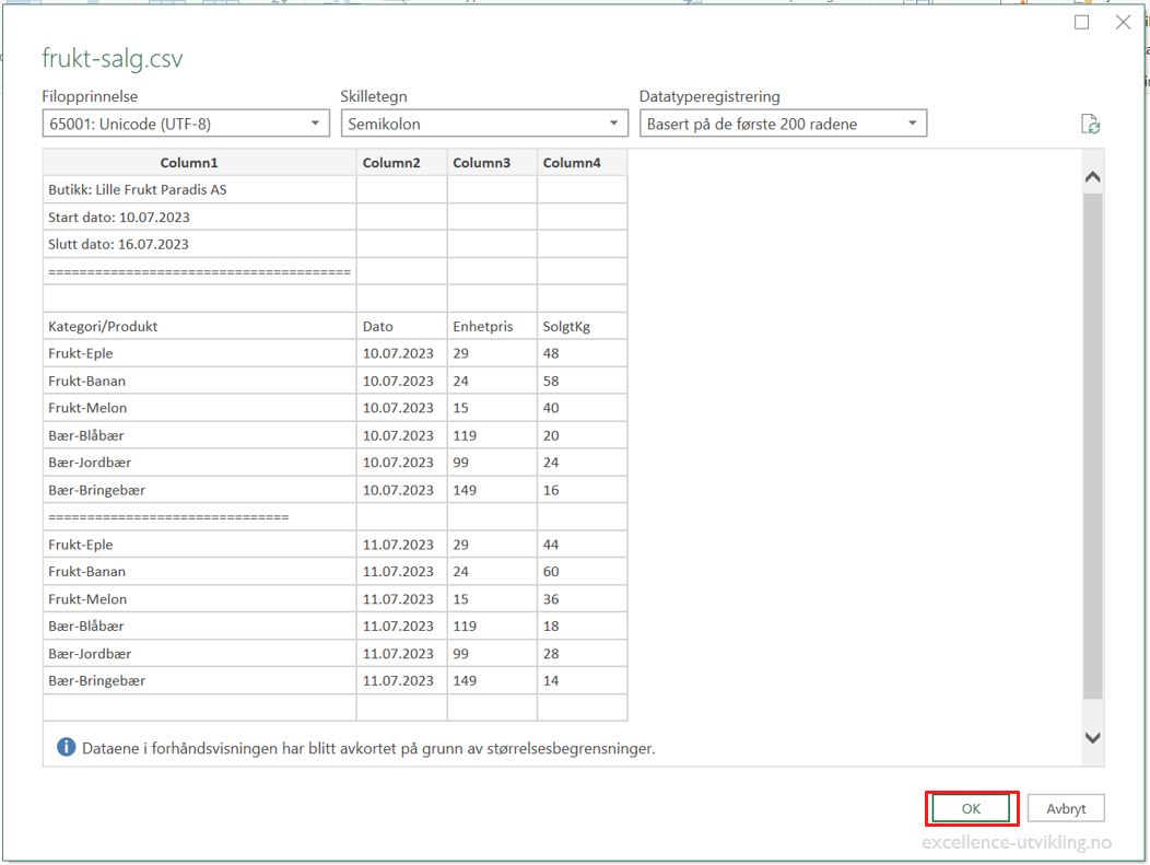 Forhåndsvisning av import data i Power Query