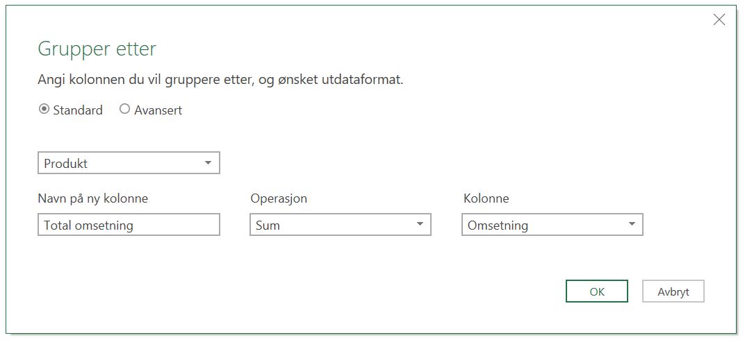 Dialogboksen grupper etter i Microsoft Power Query