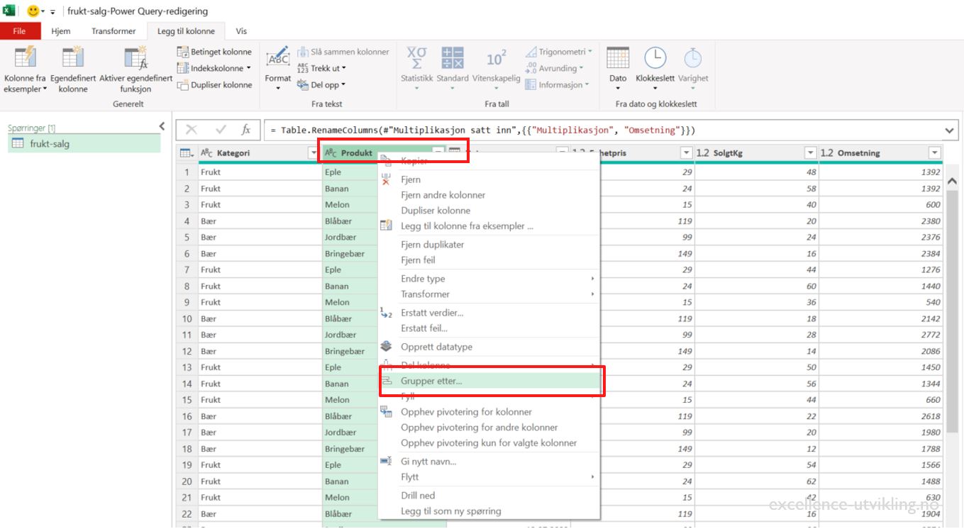 Fremgangsmåte for gruppering i Power Query