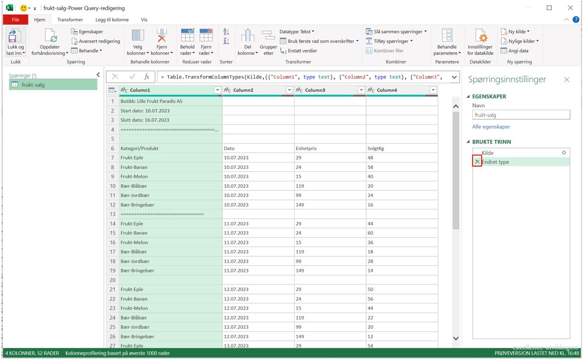 Data når det er lastet inn i Power Query. Oversikt over verktøyet med rådata.