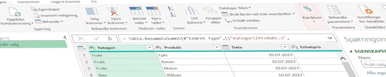 Power Query Excel menybåndet og spørring