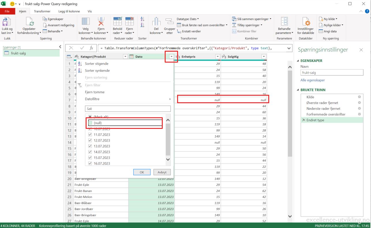 Rensing og filtrering av data i Power Query