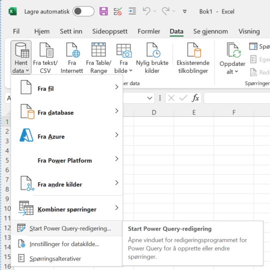 Åpne Power Query i Excel - trykk på Data, Hent data, Start Power Query Redigering