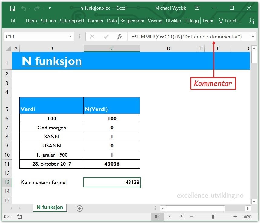 N-funksjonen i Excel konverterer ikke-tall til tall. Når du bruker tekst som verdi, blir tallet «0». Ønsker du å kommentere en formel, så kan du rett og slett plusse på N(″Kommentar″) uten at du forandrer formelens resultat.