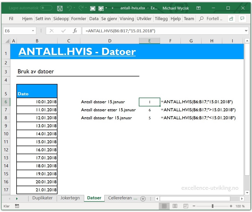 Slik teller du antall datoer og hvor mange datoer er større eller mindre en 15.1.2018 ved hjelp av ANTALL.HVIS i Excel.