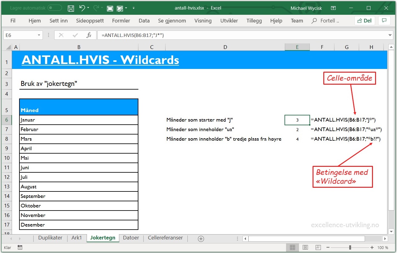 Eksempler på forskjellige jokertegn/wildcards som brukes med antall hvis