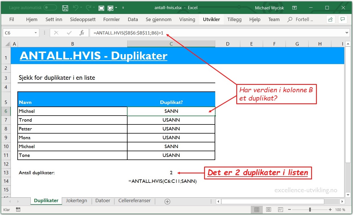 Med ANTALL.HVIS kan du telle antall duplikater i Excel. I kolonne C sjekker vi hvilke verdier som har et duplikat. I celle C13 telles antall «SANN» i kolonne C – som tilsvarer antall duplikater.