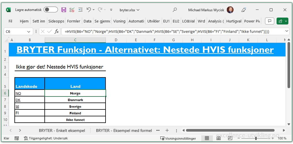Illustrasjon av nestede HVIS funksjoner som håndterer landkoder i Excel