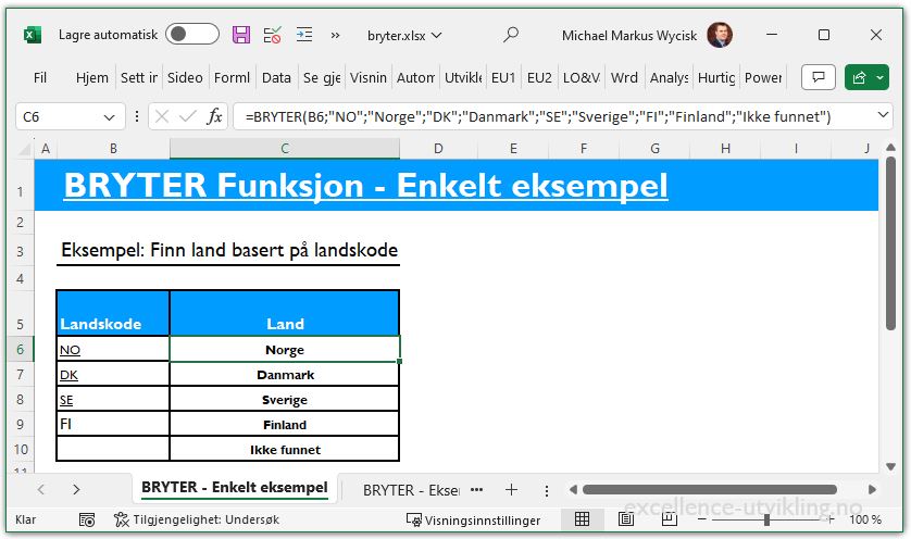 Illustrasjon av BRYTER funksjonen i Excel som oversetter landkoder til landsnavn
