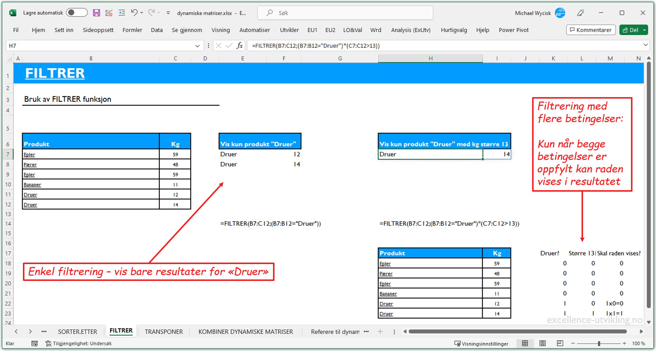 To eksempler på bruk av FILTRER funksjon i Excel. Filtrering med kun en betingelse til venstre og filtrering med flere betingelser til høyre, inkludert forklaring på hvordan filtreringen fungerer.