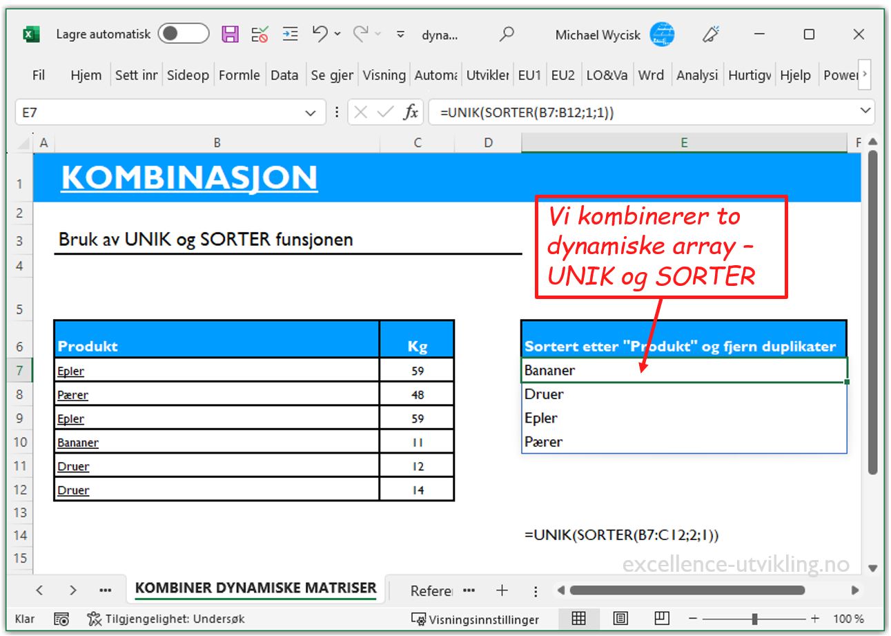 Demonstrasjon av kombinasjon av UNIK og SORTER i Excel. UNIK skaper en unik liste med prodkter mans SORTEr sortere listen alfabetisk.