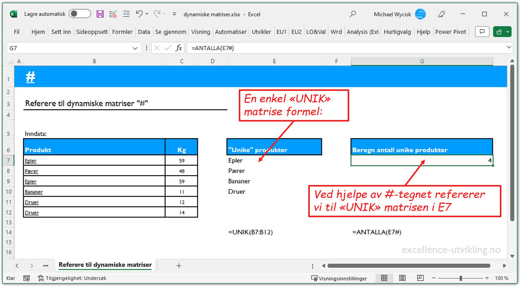 På venstre side bruker viser vi hvordan UNIK funksjonen lager en liste med unike produkter. Deretter viser vi hvordan vi refererer til denne listen med # tegnet for å beregne antallet med ANTALLA funksjon.