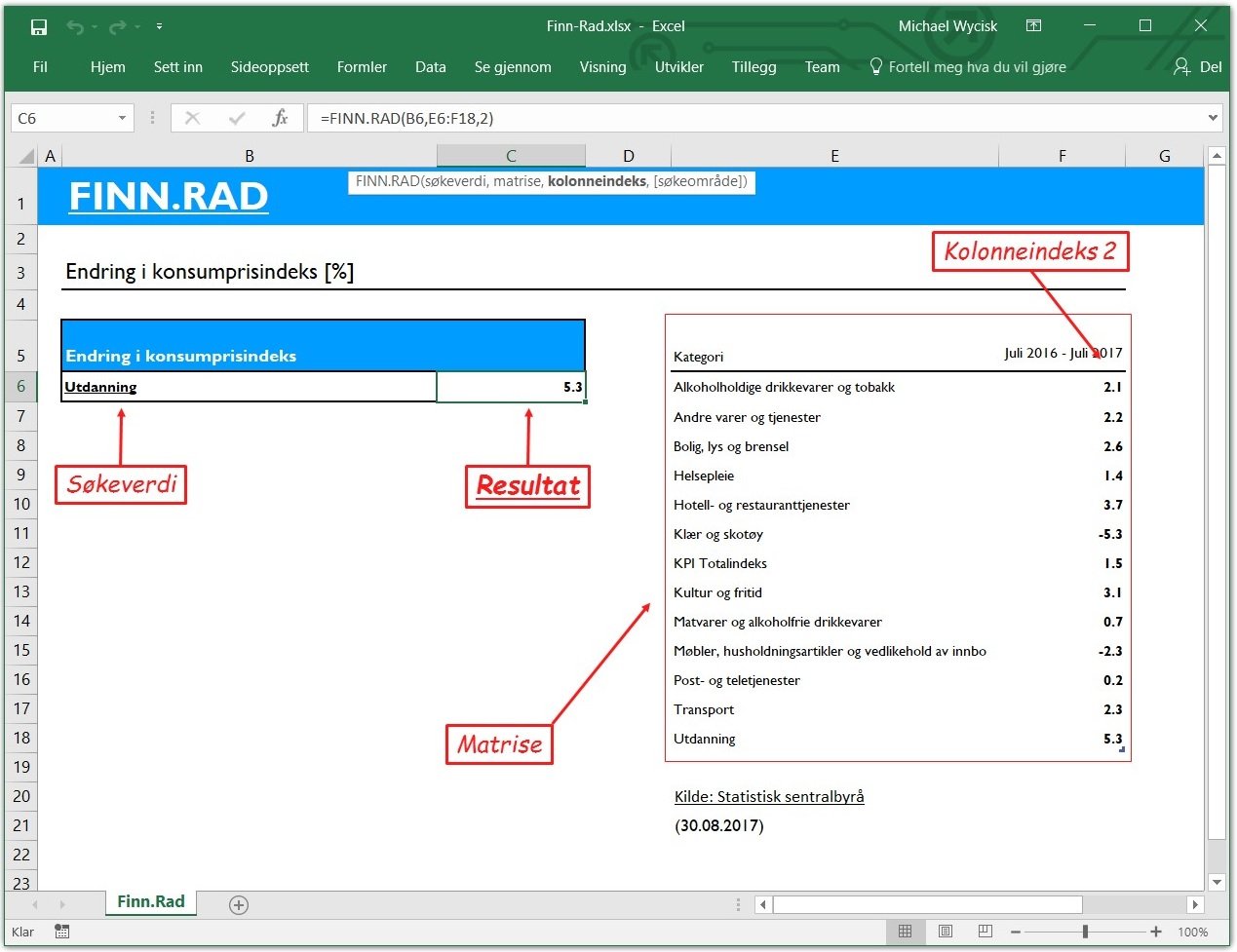 Excel funksjon FINN.RAD