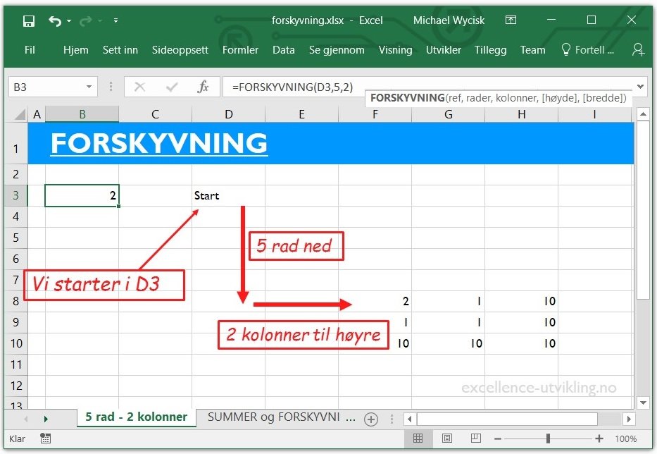 Excel funksjon FORSKYVNING
