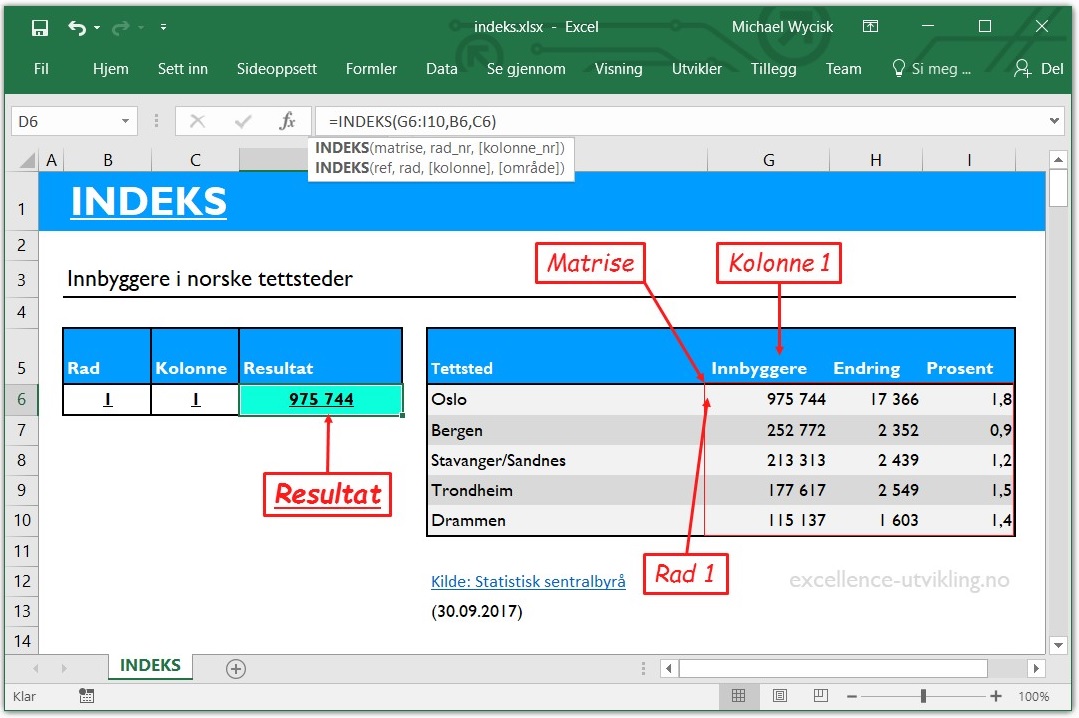 Excel funksjon INDEKS