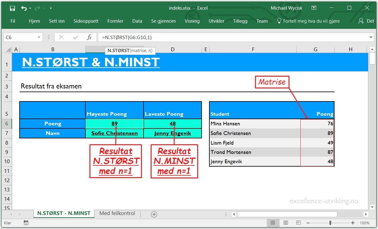 Excel funksjon N.STØRST og N.MINST - Eksempel