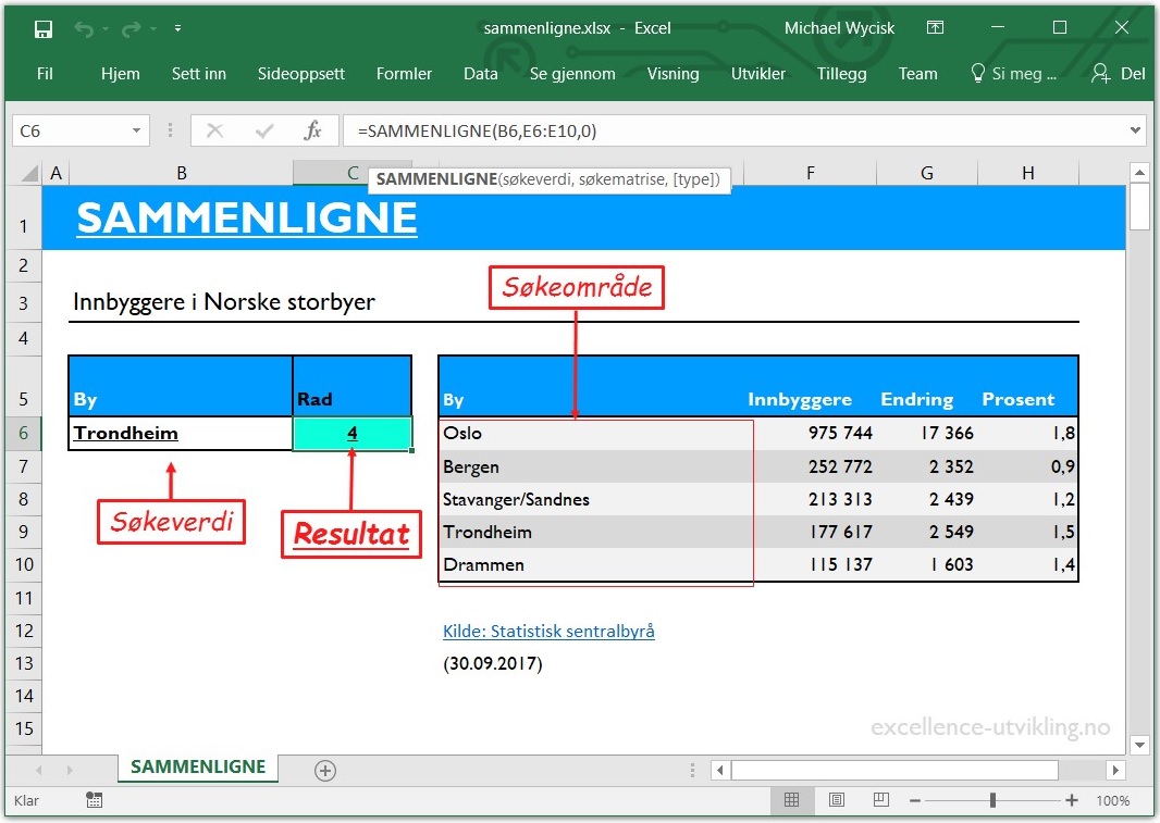 Excel funksjon SAMMENLIGNE