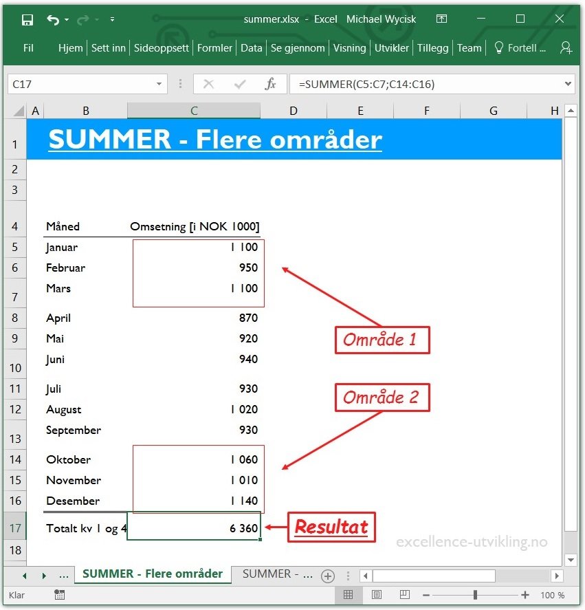 Excels SUMMER funksjon tillater også å addere verdier i flere områder.