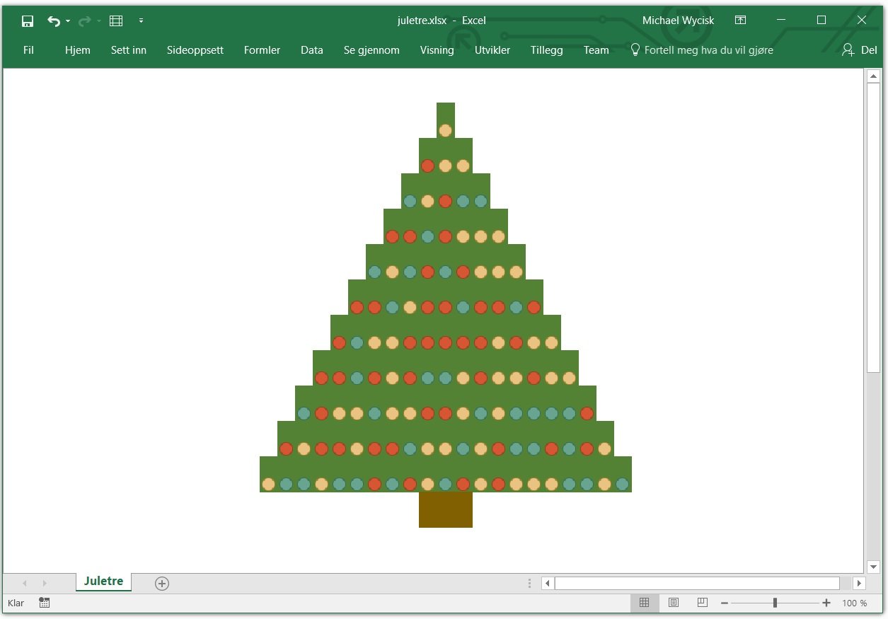 Etter vi har gitt cellene og skrift en grønn farge er juletreet ferdig. Last ned eksemplet og sjekk hva som skjer når du trykker på F9.