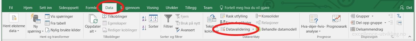 Datavalidering i Excel finner du under «Data» > «Dataverktøy» > «Datavalidering».