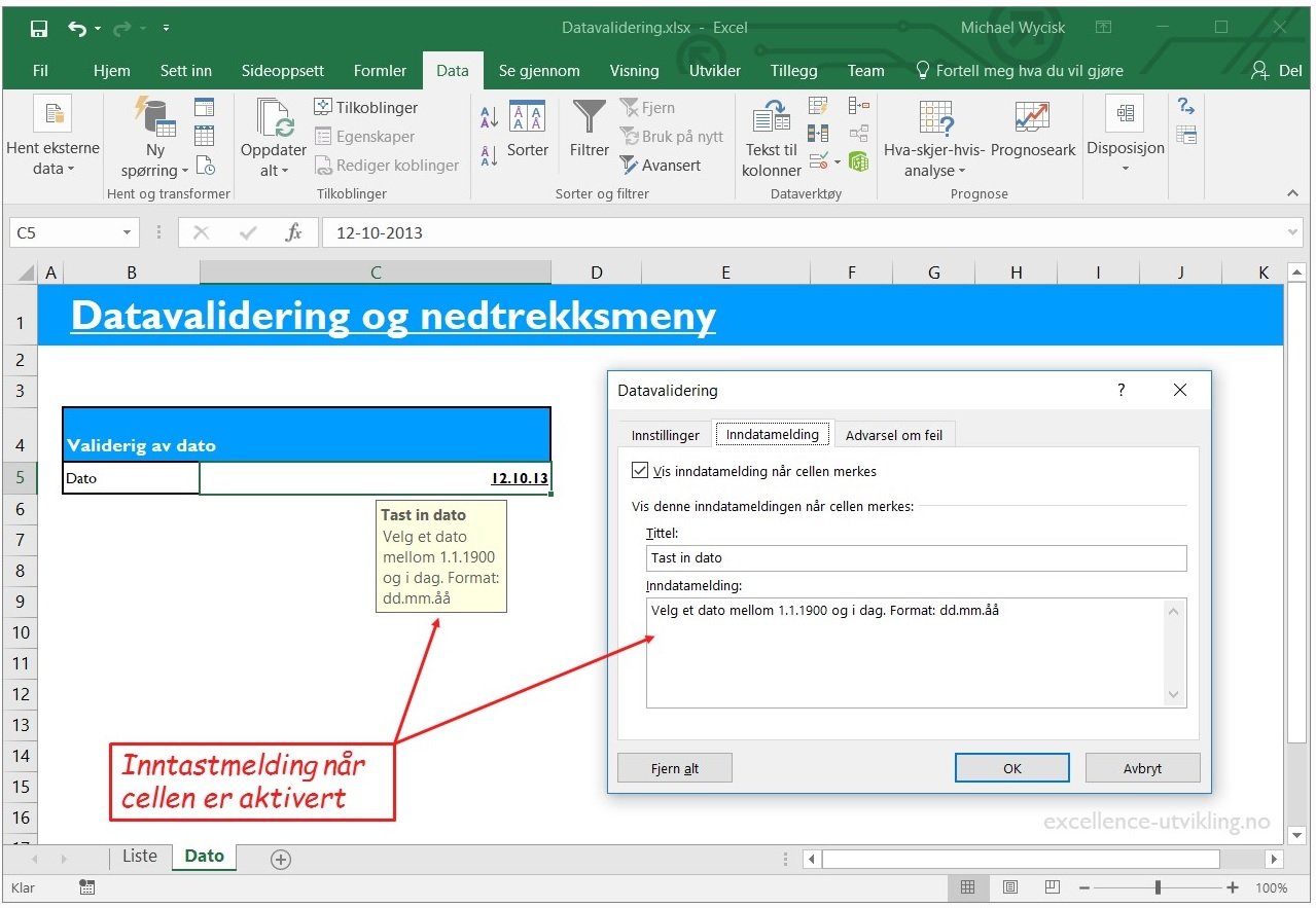 Innstastmelding og feilmelding ved Excel's datavalidering