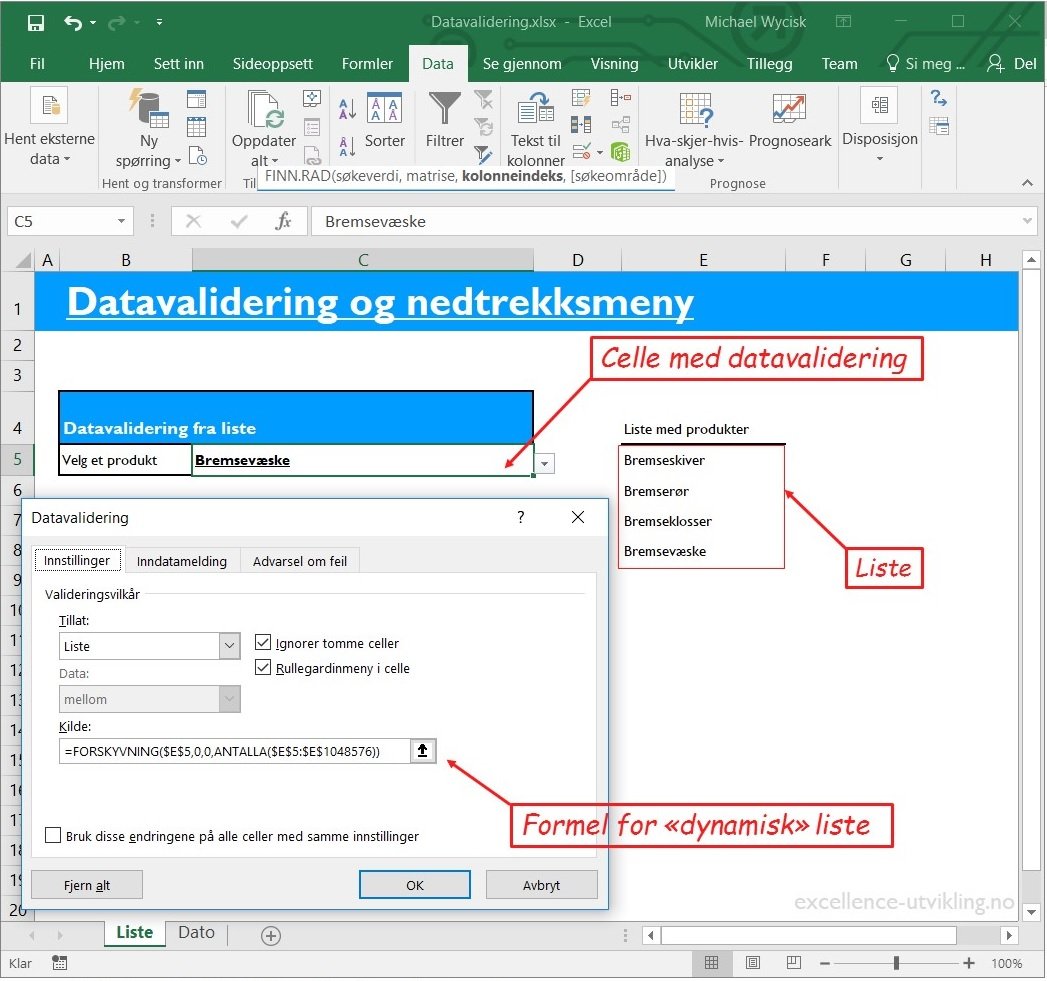 Datavalidering i Excel fra lista