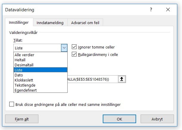 Forskellige typer datavalidering tilgjengelig i Excel