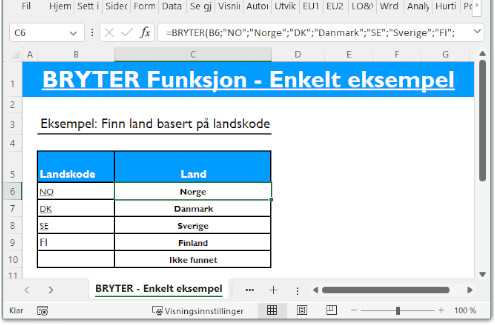 Illustrasjon av BRYTER funksjon i Excel formelrad